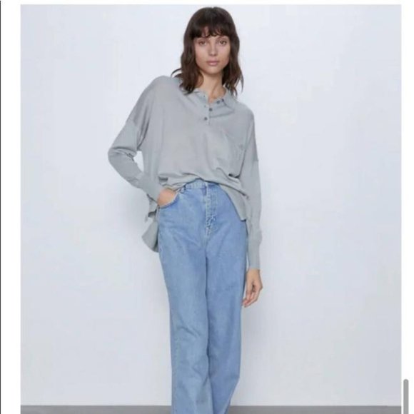 Zara Soft Green Grey Oversized Lightweight Polo Knit Sweater Pocket-Size Small - Picture 2 of 5